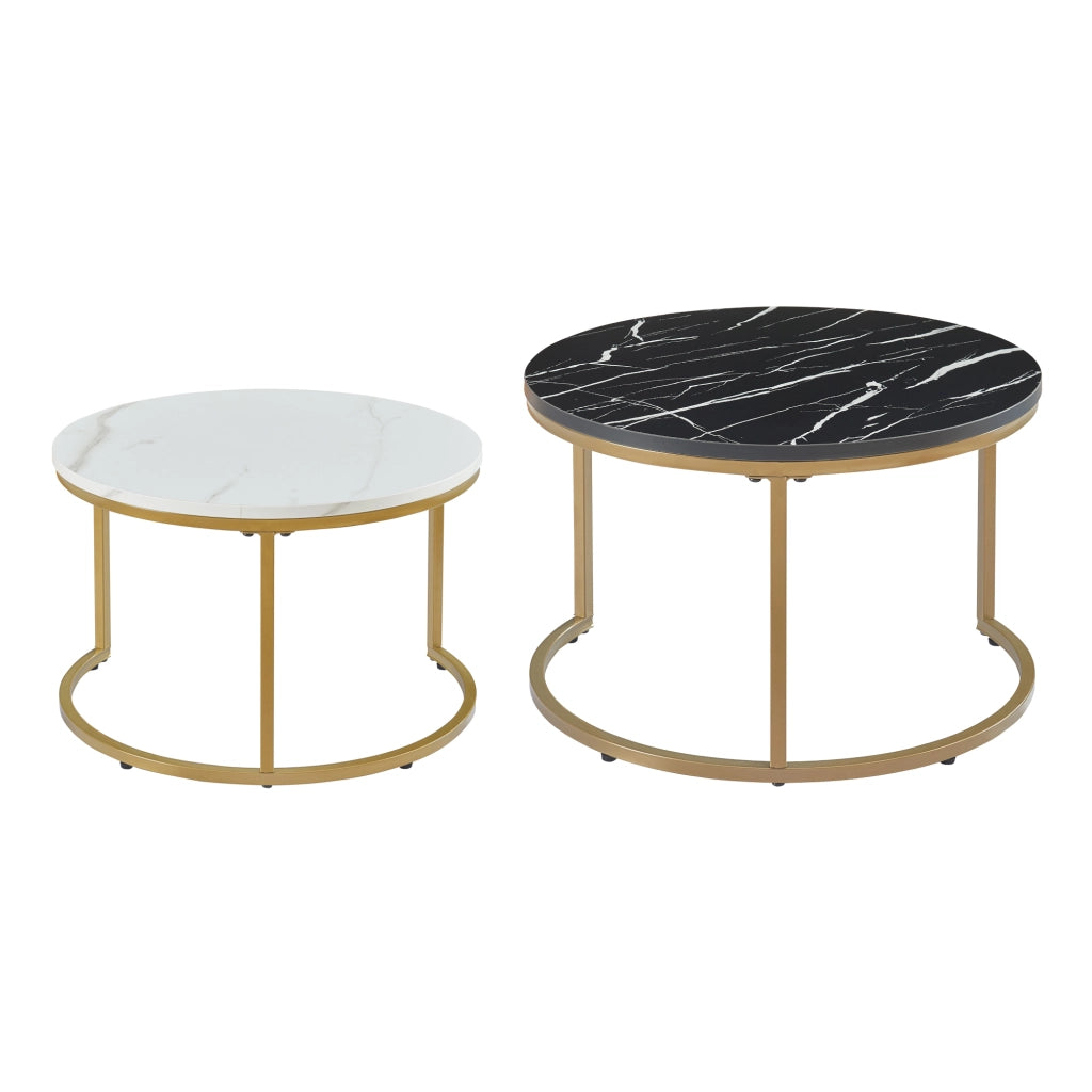 Set Christchurch 2 Tavolini Sovrapponbili con Piani Rotondi - Effetto Marmo Nero e Bianco / Oro [en.casa]