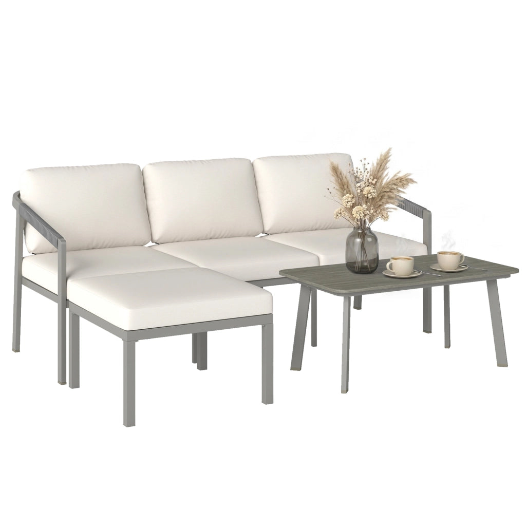 Set Giardino 3 Pezzi con Divano 3 Posti, Poggiapiedi, Tavolino e Cuscini ¨C zephmum ¨C Marrone e Beige