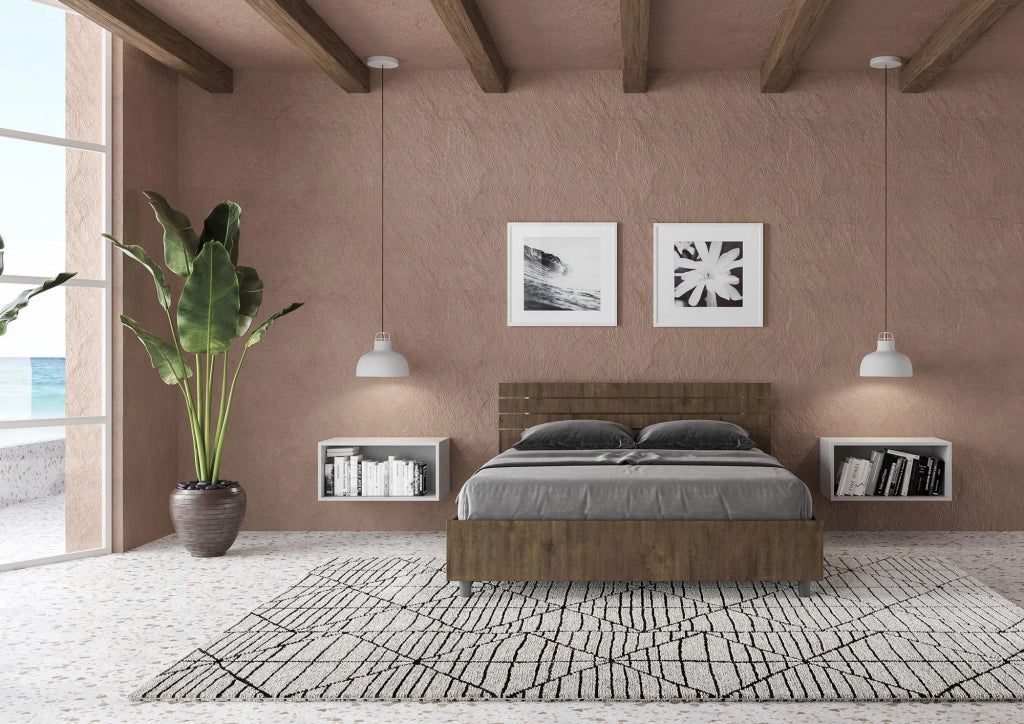 Letto Matrimoniale Francese 140x190 cm con Rete e Contenitore Ankel Testata Doghe Inclinata Noce