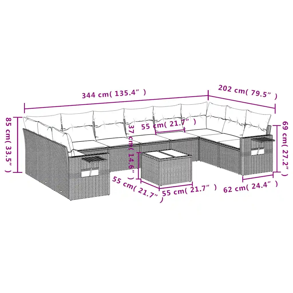 Set Divani da Giardino 11 pz con Cuscini Polyrattan Marrone