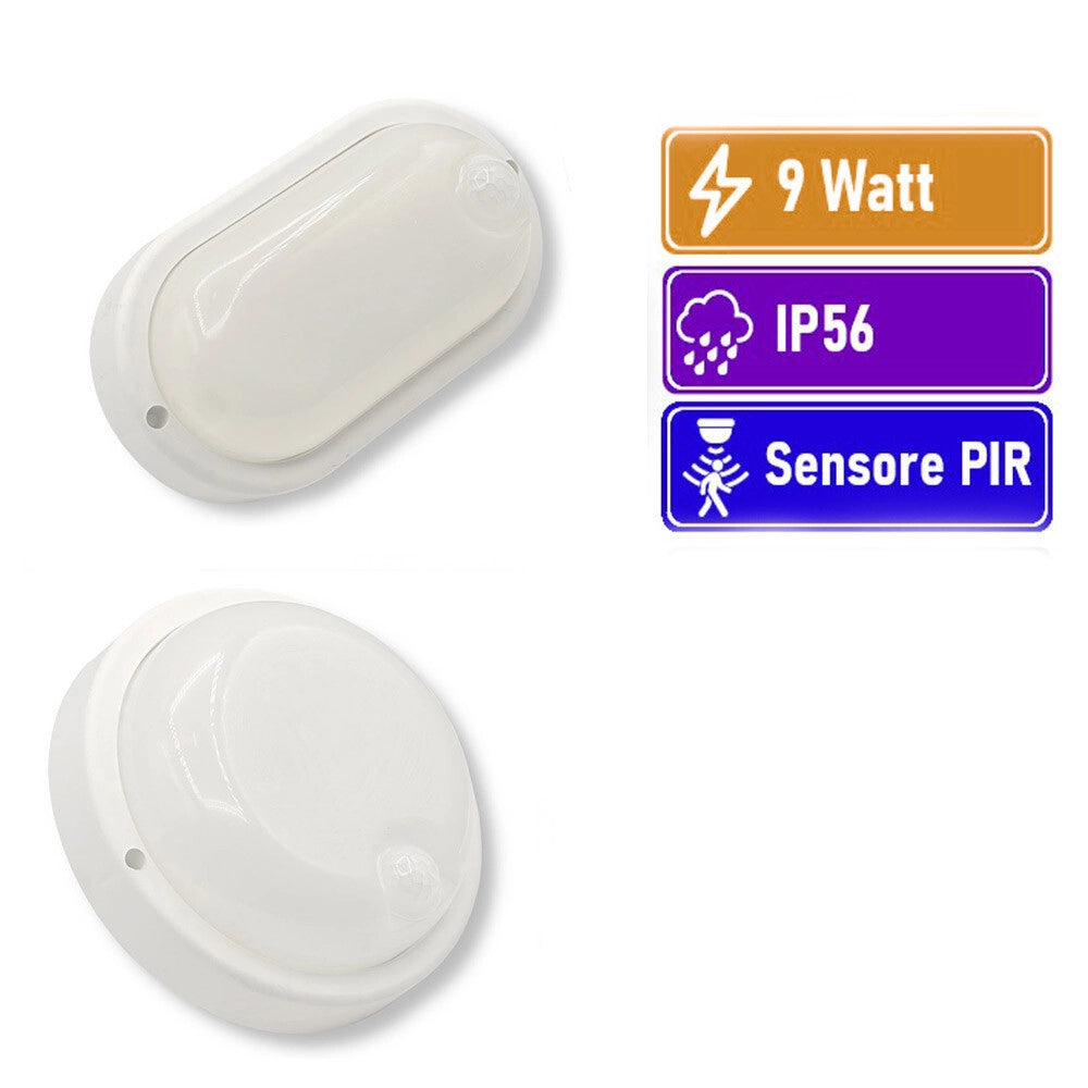 Trade Shop - Plafoniera Led Per Esterno Con Sensore Di Movimento 9w Luce 6500k Tonda Ovale Ip56 Sen-9f -