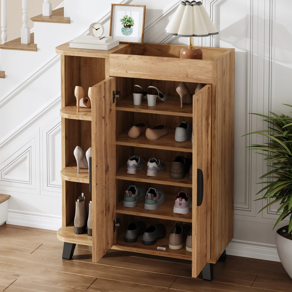 Scarpiera con vani aperti e 2 ante, ripiano superiore, per ingresso e corridoio, in truciolare, naturale, 80 × 32 × 99 cm