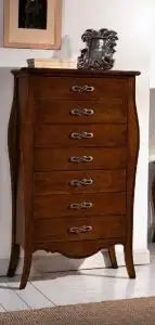 cassettiera settimino sagomata in legno noce scuro arte povera con maniglie infinito argento anticato