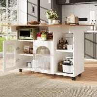 Isola cucina moderna con spazio di conservazione e armadietti con ante in vetro, 120×30×79,5 cm, Bianco e Legno