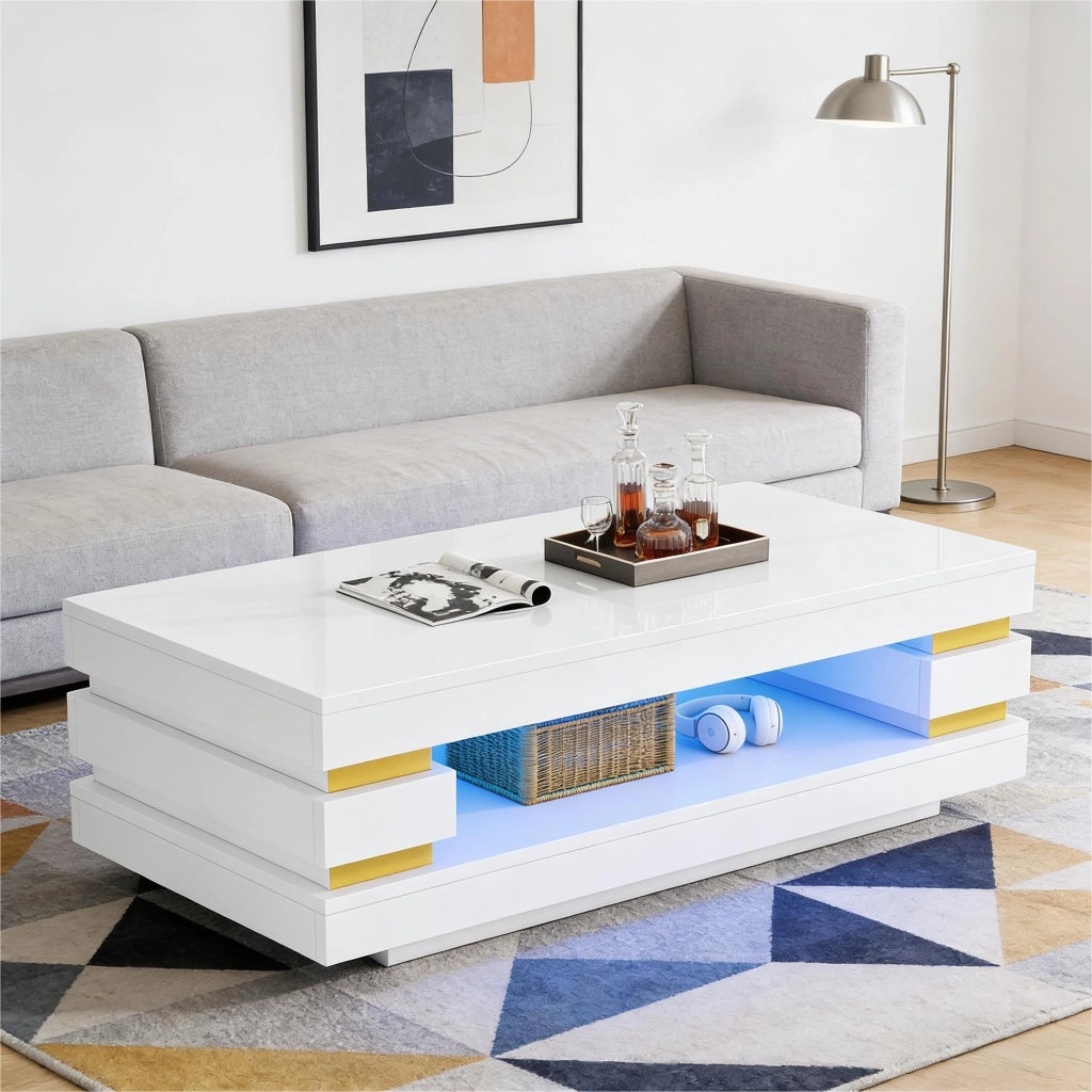 Tavolino lucido, 100 x 50 x 35 cm, design traforato, luci a LED, pannello truciolare, bianco