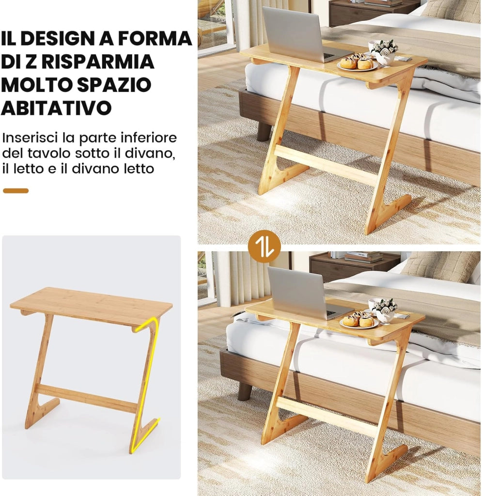 Tavolino Laterale, Tavolino da Divano e Letto in Bambù con Ampio Piano per Laptop, Struttura Stabile, Design Salvaspazio per Camera da Letto, Soggiorno, Studio, 75 x 40 x 70 cm (Naturale)