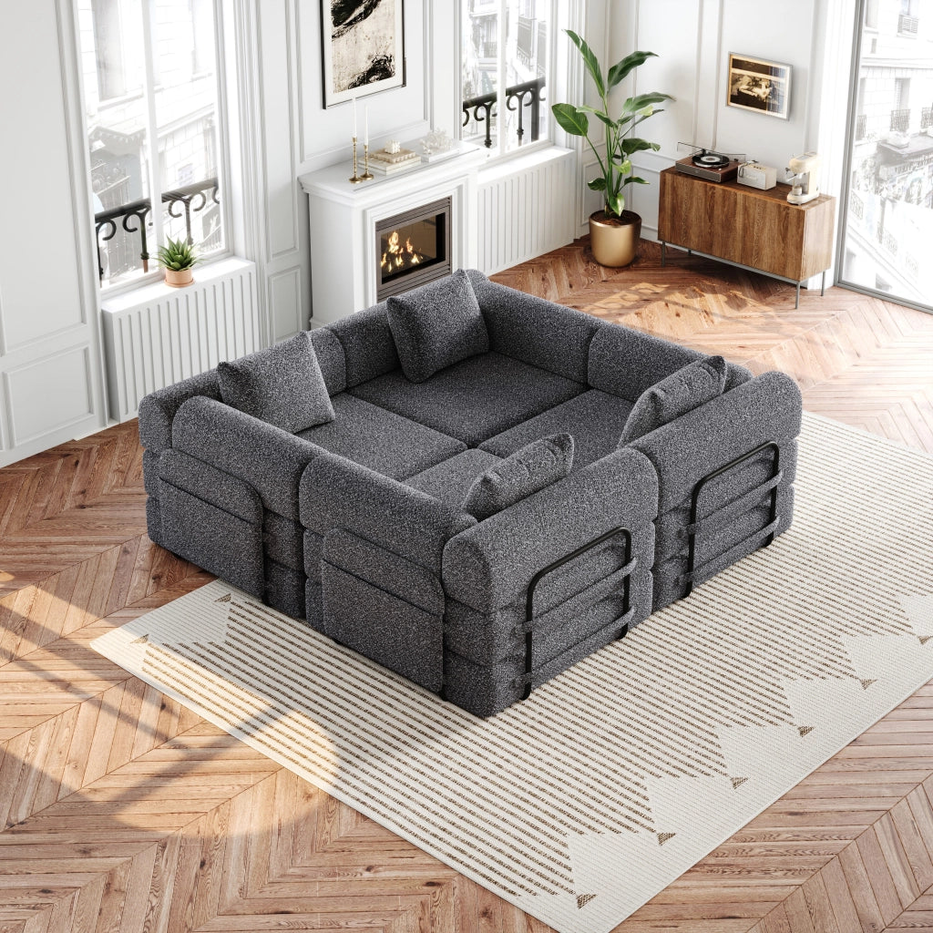 Divano letto modulare in ciniglia con vano nel bracciolo, struttura in acciaio e base antiscivolo grigio per uso quotidiano