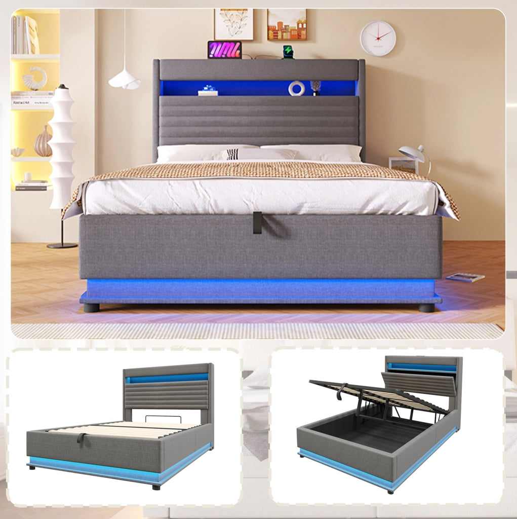 Letto imbottito ULEVR 140x200 cm con contenitore idraulico, LED, USB e Type-C, lino grigio