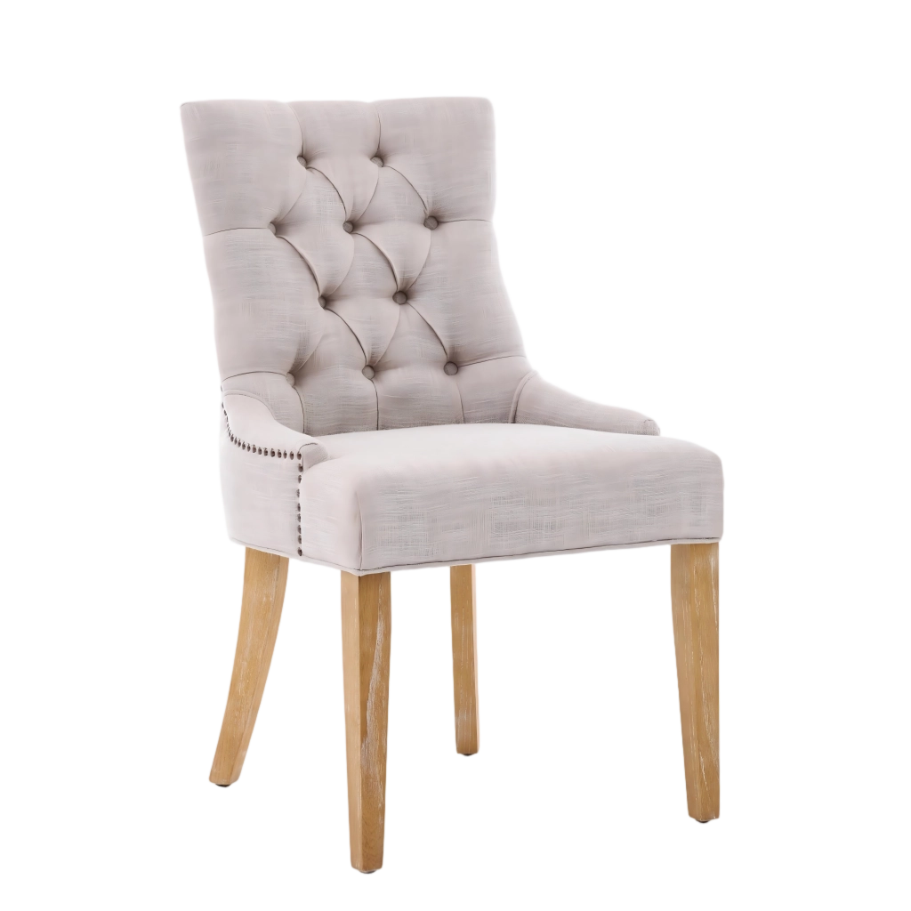 Sedia da Pranzo Imbottita con Schienale Imbottito e Gambe in Rovere, in Tessuto Beige