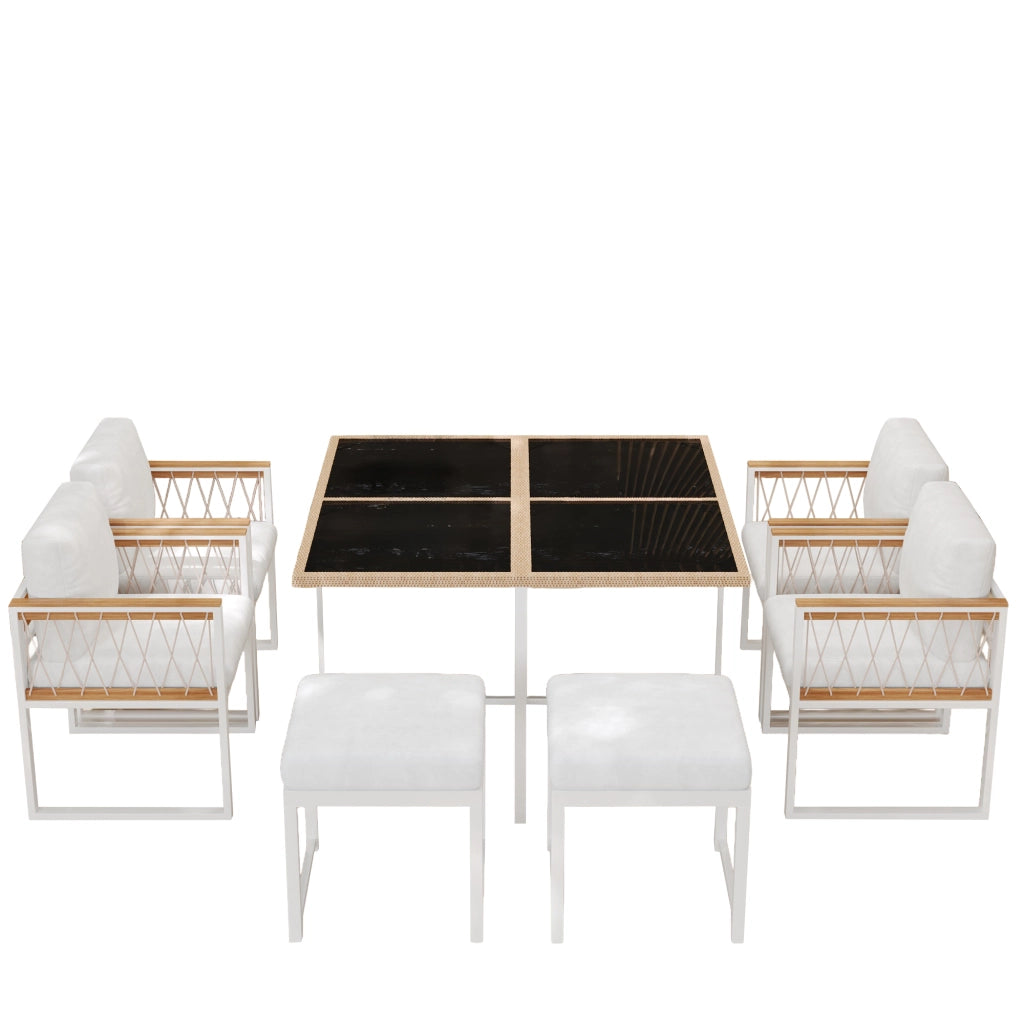 Set da pranzo per esterni da 6 posti con tavolo quadrato, 4 sedie e 2 pouf, struttura in acciaio, nero e bianco