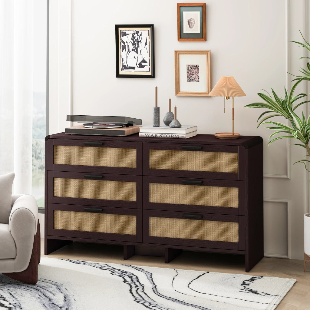 Cassettiera Ad Angolo con Angoli Arrotondati e 6 Cassetti in Rattan; Stile Naturale; in Pannelli di Particelle; 130??40??80 cm; Marrone Rossiccio