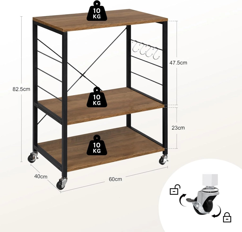 Scaffale da Cucina con Ruote, Carrello Cucina a 3 Livelli, Scaffale per Microonde con 4 Ganci, Carrello da Bar con Struttura in Metallo, Marrone Rustico+Nero, 60x40x82,5 cm
