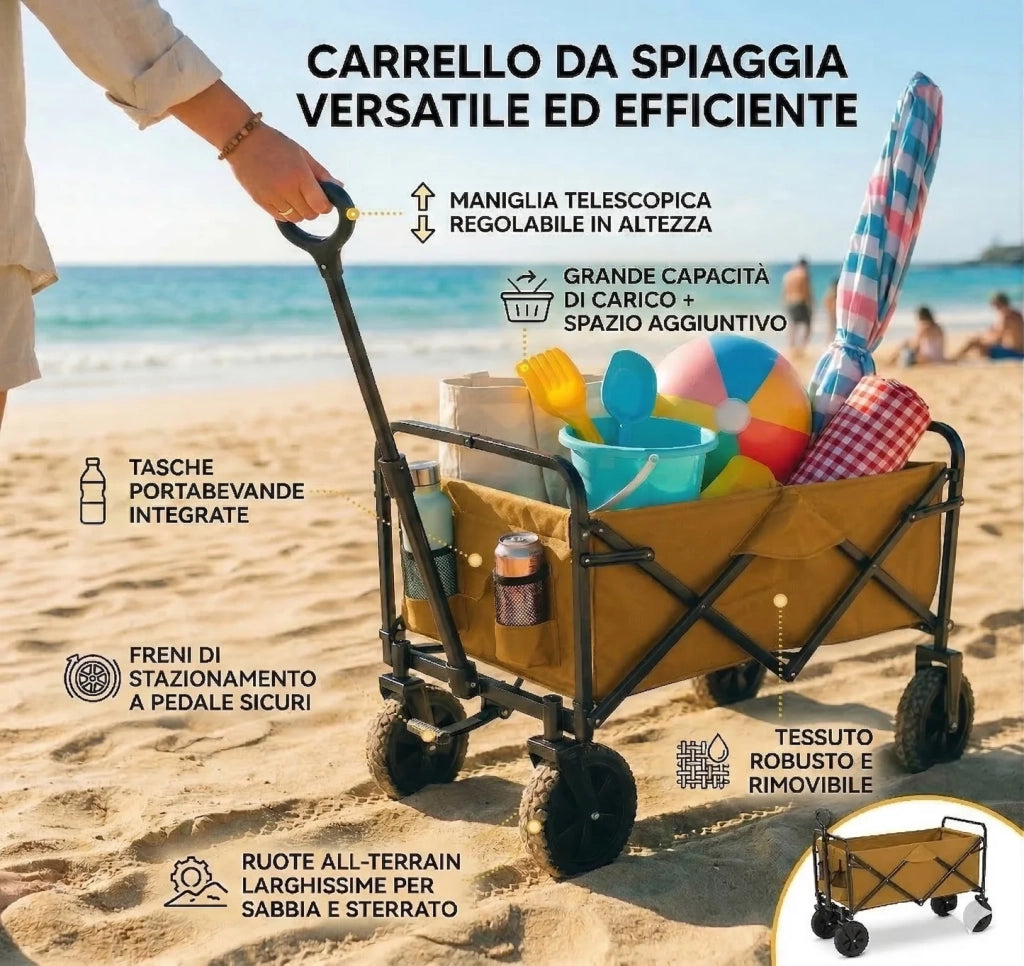 Carrello Pieghevole Trasporto per Spiaggia, Giardino e Spesa. 96 Litri, Max 65kg. Colore: Sabbia