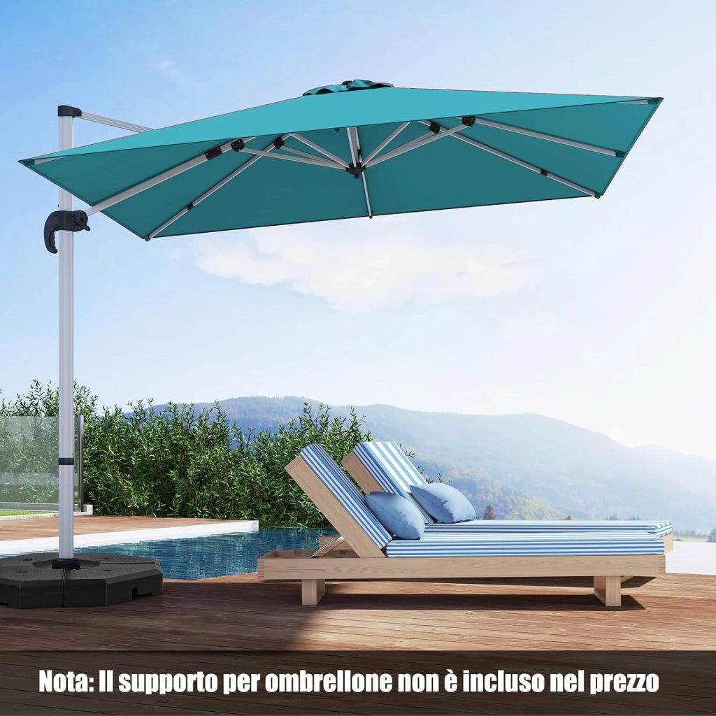 Ombrellone da Giardino 300 cm, Ombrellone Quadrato da Esterno con Rotazione a 360°, Inclinazione Regolabile, Base a Croce, 8 Stecche (Blu)