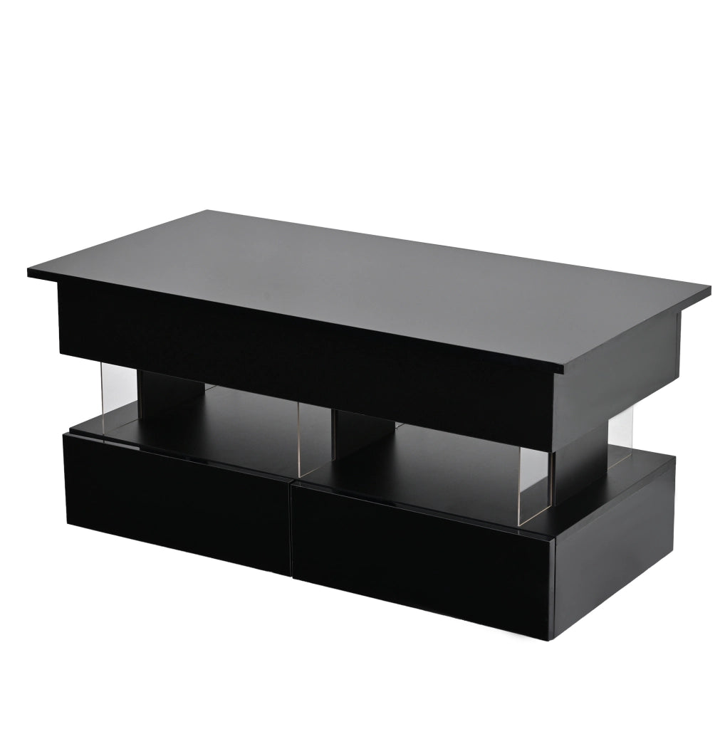 Tavolino da caffè 100x50x46 cm con piano sollevabile; spazio nascosto; 2 cassetti; LED; MDF nero