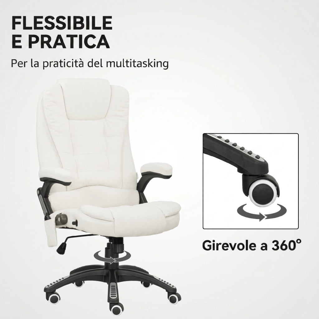 Sedia da Ufficio 68x72x110-120 cm Reclinabile Massaggiante Telecomando in Tessuto Effetto Lino Crema