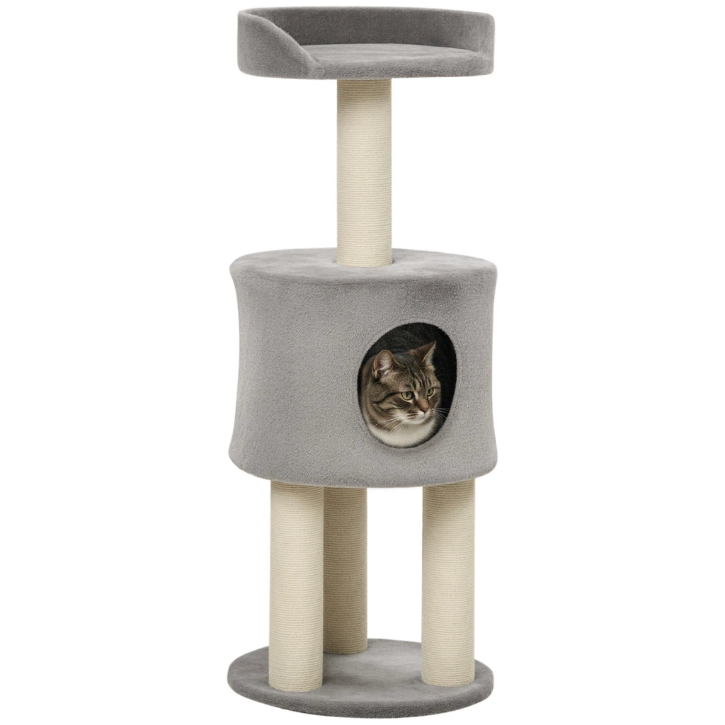 Albero tiragraffi per gatti con piattaforma e nicchia ¨C zephmum ¨C grigio naturale altezza 103 cm