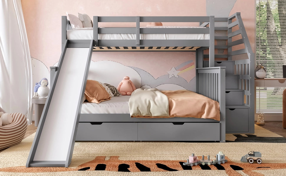 DESMIU Letto a castello 90 × 200 e 140 × 200 cm 2 posti con cassetti, scivolo e scala, senza materasso, grigio