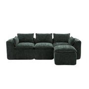 Divano modulare 3 posti con pouf contenitore e tasche laterali in chenille verde