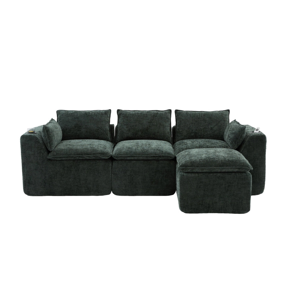 Divano modulare 3 posti con pouf contenitore e tasche laterali in chenille verde