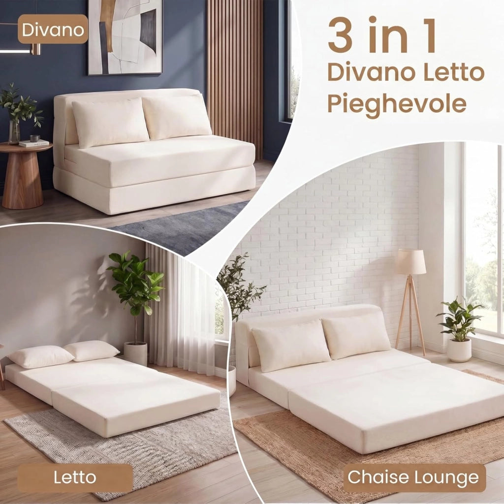 Divano Letto 2 Posti Pieghevole, 3 in 1 Divanetto Trasformabile con 2 Cuscini, Schiuma ad Alta Densità e Rivestimento in Tessuto Chenille, Poltrona Letto per Soggiorno (Beige,82 x 103 x 58 cm)