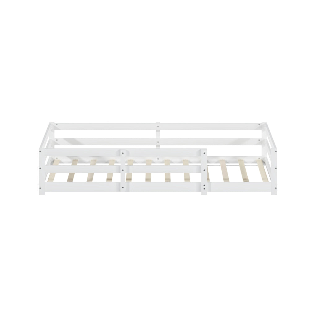 Letto Montessori a pavimento 90x200 cm in legno di pino bianco con sponde e rete a doghe