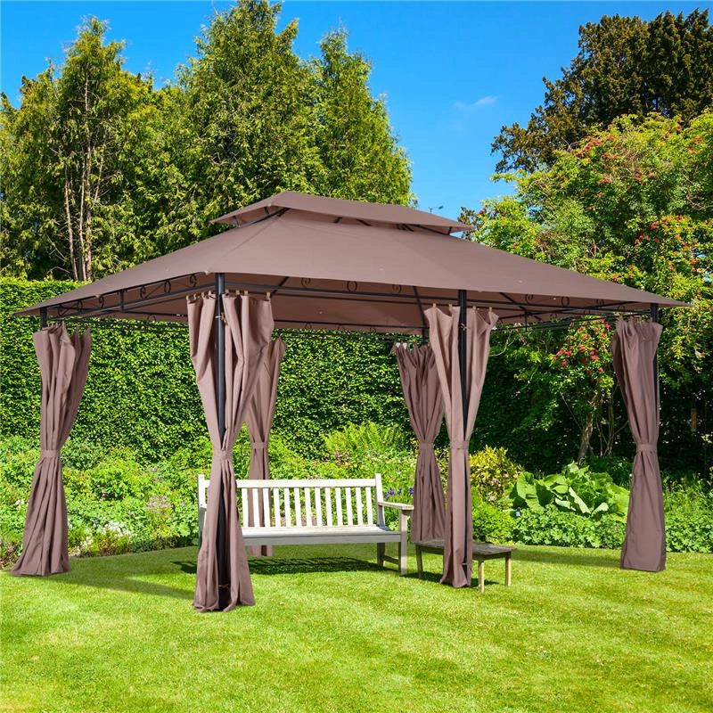 GAZEBO IN ACCIAIO CON DOPPIO TETTO E TENDE IMPERMEABILI COLOR CACHI 4 X 3 M