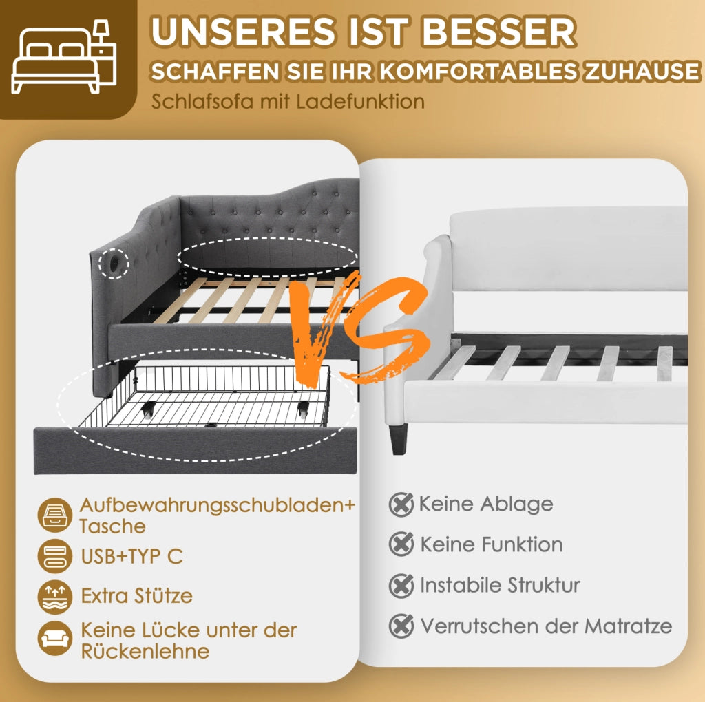 Letto a giorno 90x200 cm in lino grigio con 2 cassetti; USB e Type-C
