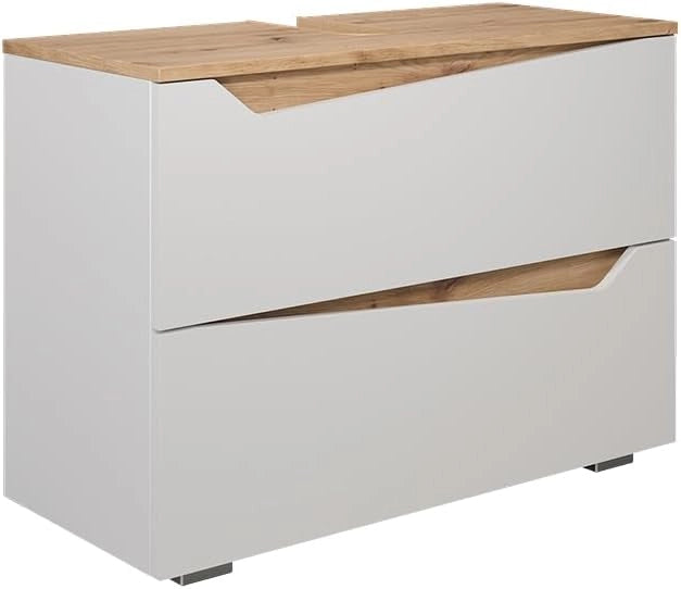 Mobile sottolavabo per bagno Marelle, Bianco/Artisan, 80 x 57.5 cm con 2 cassetti, adatto per l'installazione sotto lavabi standard