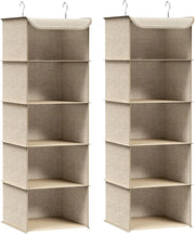 Set di 2 Portaoggetti da Appendere, Organizer Armadio da Appendere, Pieghevole e Salvaspazio, con Ganci in Metallo e Divisori Interni in Bambù, Stampa in Simil Lino, Beige Sabbia RCH005Y02