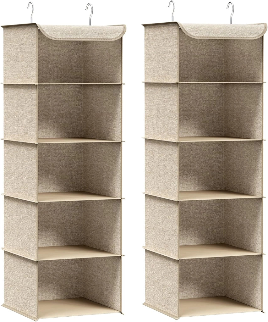 Set di 2 Portaoggetti da Appendere, Organizer Armadio da Appendere, Pieghevole e Salvaspazio, con Ganci in Metallo e Divisori Interni in Bambù, Stampa in Simil Lino, Beige Sabbia RCH005Y02