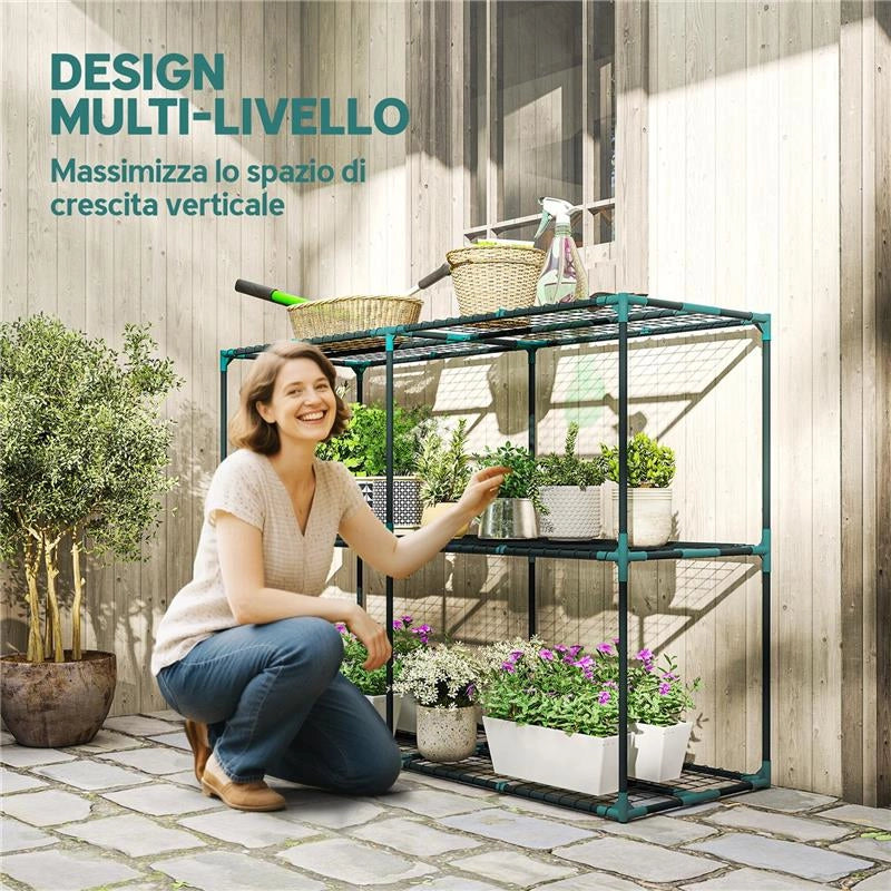 PORTAPIANTE A 3 LIVELLI APERTI IN ACCIAIO E PLASTICA, 143X48X100 CM, VERDE SCURO