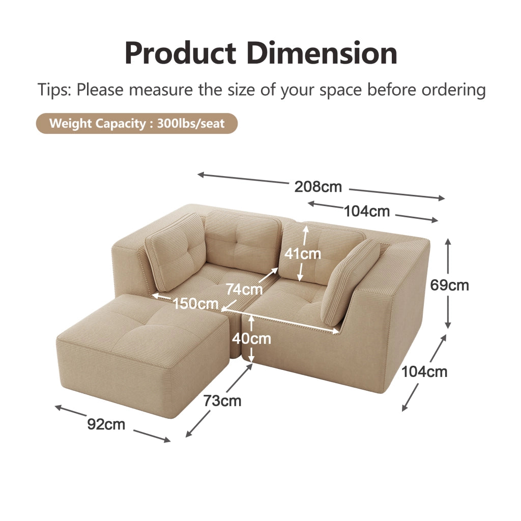 Divano angolare modulare in velluto a coste senza montaggio con design componibile e seduta bassa beige