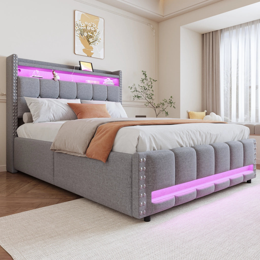 Letto imbottito 140 × 200 cm 2 posti con LED, USB, ripiani e vano contenitore, senza materasso, grigio chiaro