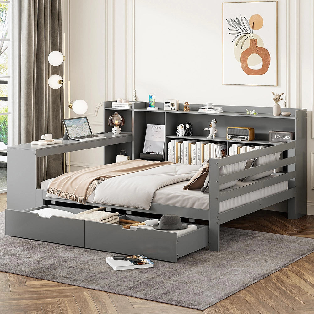 Divano letto-Xylo-140x200 cm-scrivania, 2 contenitori, prese, legno grigio