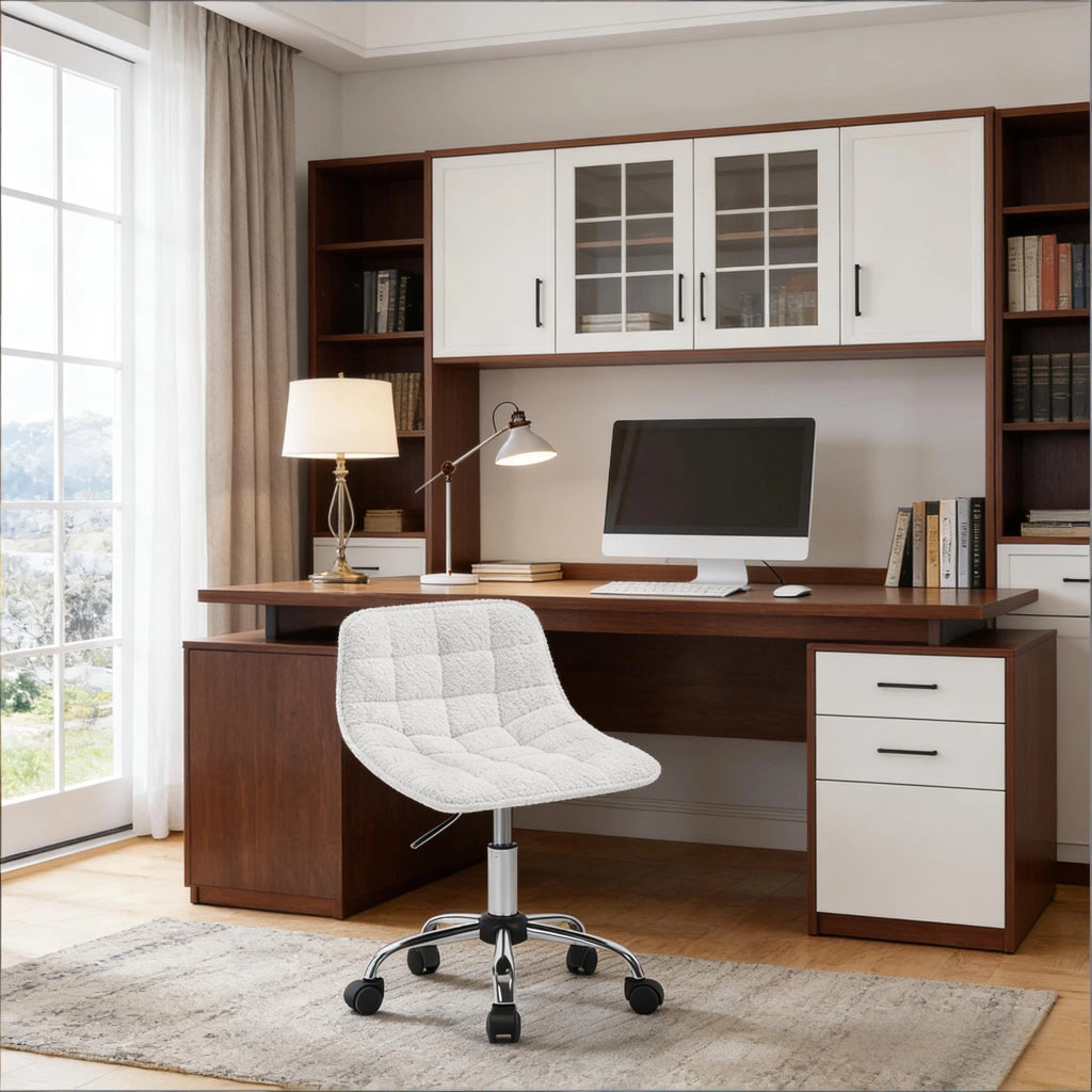 Sedia da ufficio girevole in ciniglia con schienale ergonomico, altezza regolabile e ruote compatta bianca