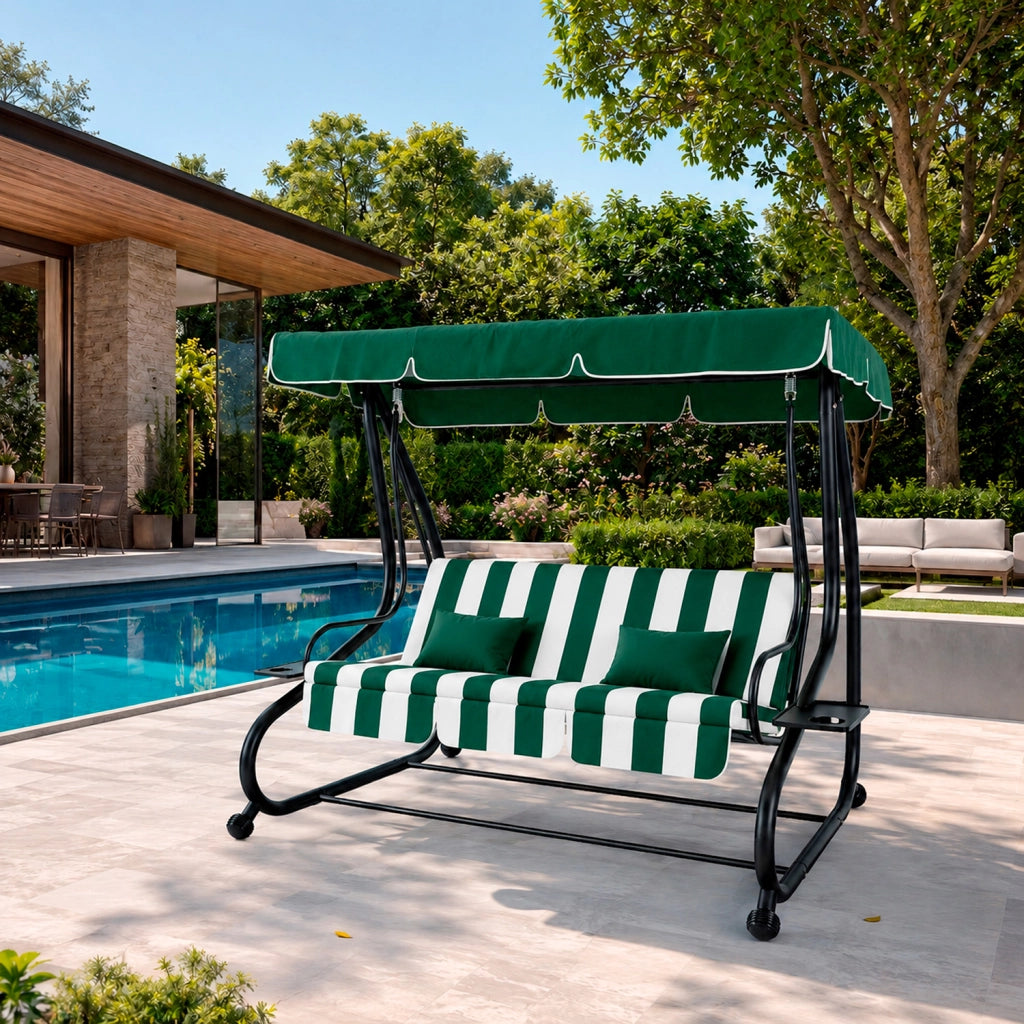 Dondolo 3 Posti Reclinabile Madeira Tettuccio Parasole Regolabile Cuscini Imbottiti Diventa Letto Struttura Robusta In Acciaio Verniciato Giardino Esterno Balcone Terrazzo 200 x 120 x 160 cm Verde E Bianco