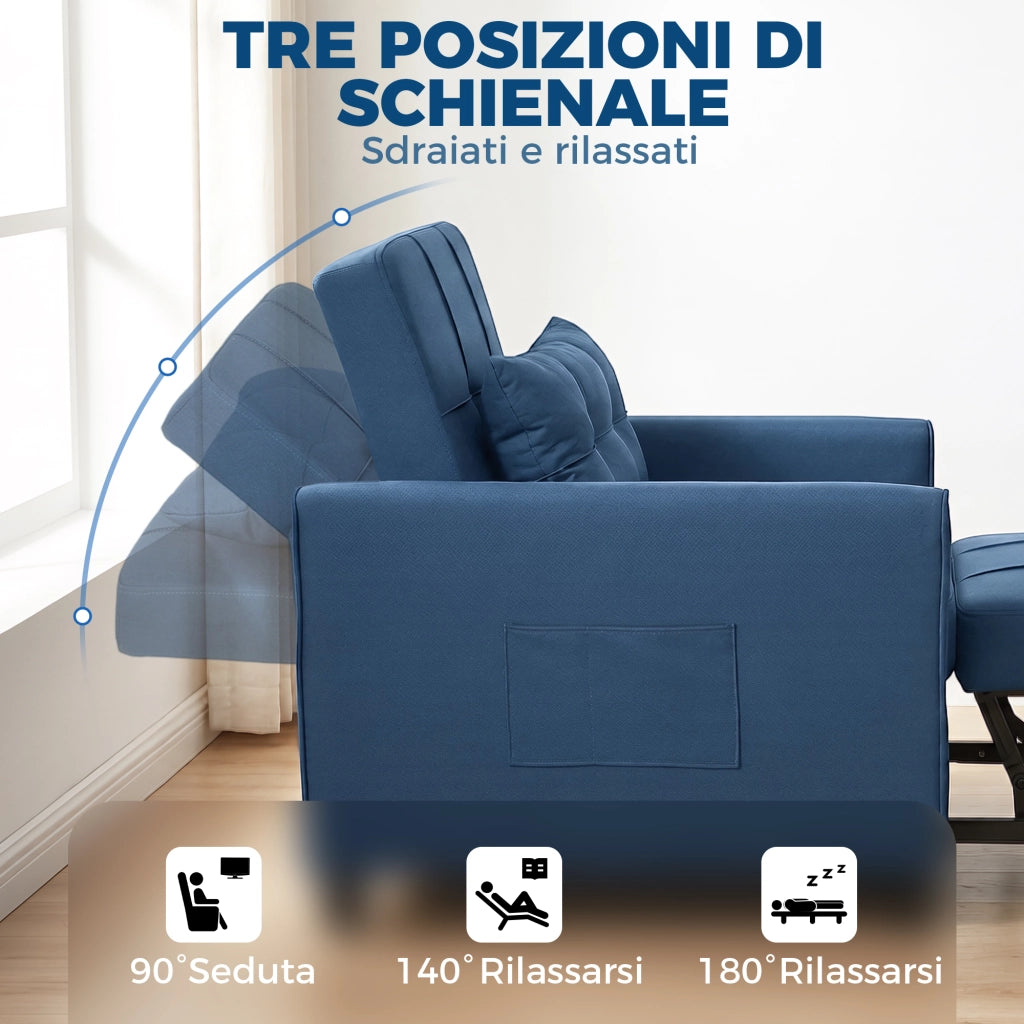 Poltrona Letto Pieghevole 69x82x85 cm con Schienale Regolabile e Cuscino in Tessuto Effetto Lino Blu