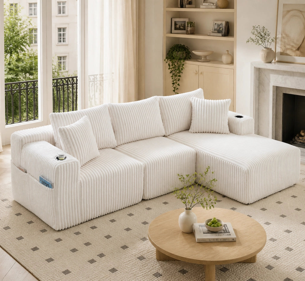 Divano Modulare con Chaise Longue, Tasche Laterali, Portabicchieri e 5 Cuscini, in Velluto a Coste Beige