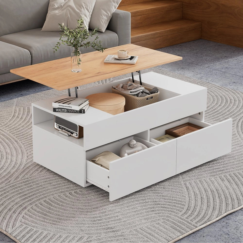 Tavolino da Caff¨¨ con 2 Cassetti e Ripiano ¨C MINIMAL ¨C Bianco/Legno 100x50x40