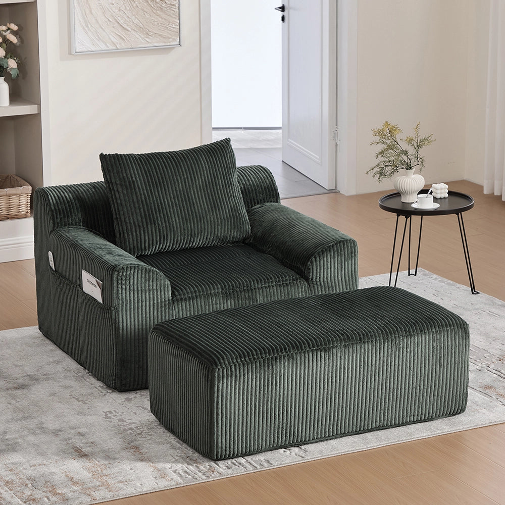 Poltrona oversize - Xylo - Velluto costato con tasche laterali, pouf e nessun assemblaggio