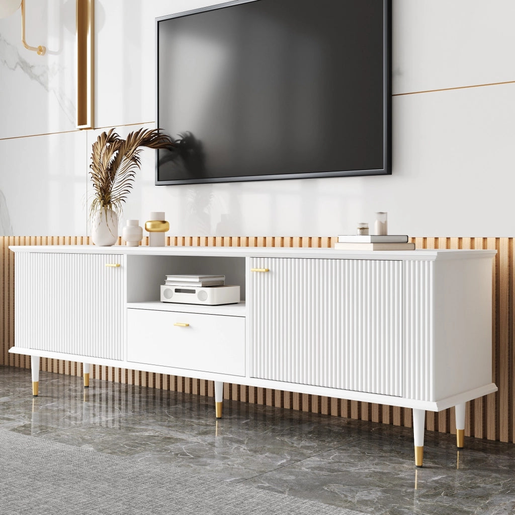 Mobile TV 170x36x54 cm con passacavi e chiusura soft-close in MDF bianco