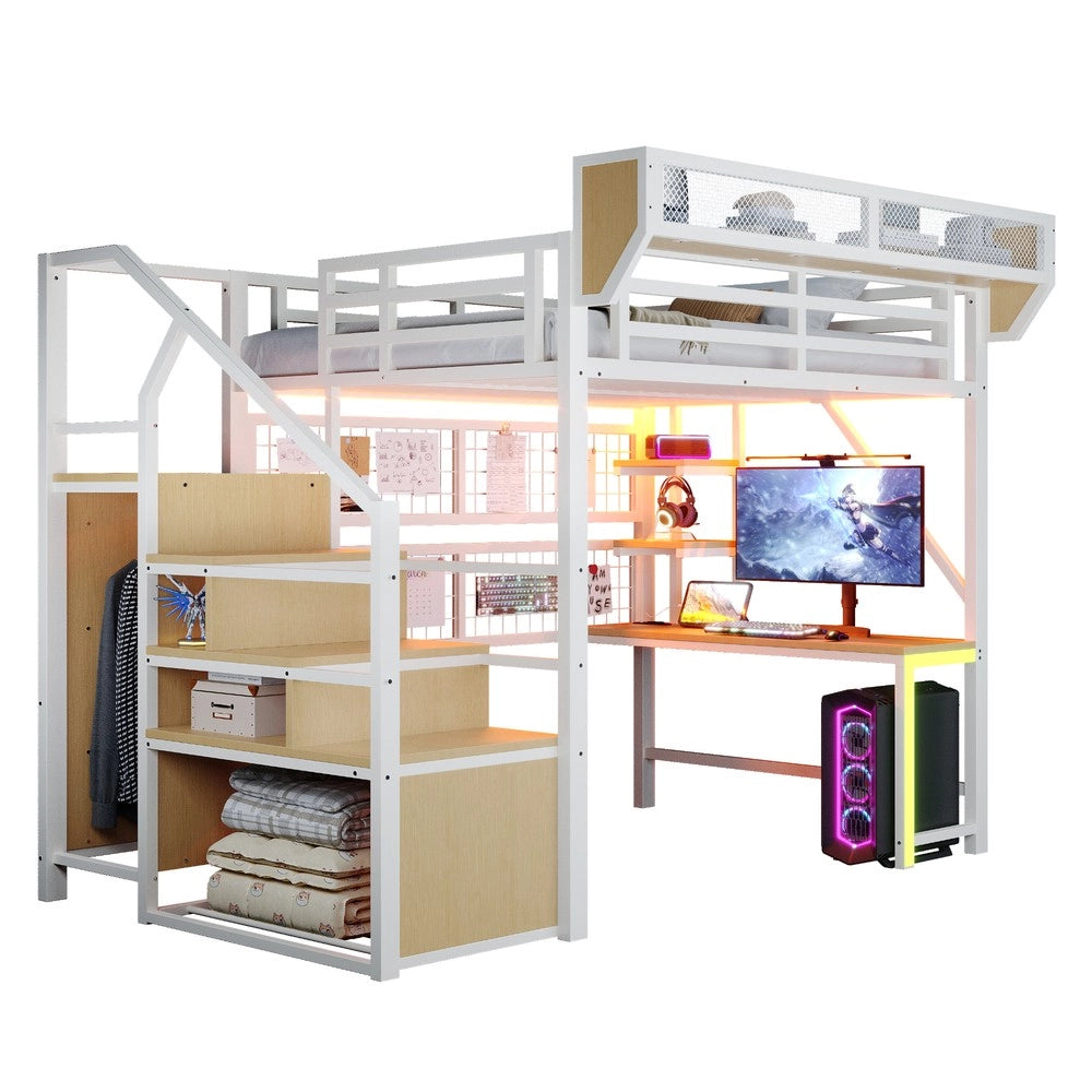 Letto a Soppalco con Scrivania ¨C Xylo ¨C Metallo, LED, Bianco, 140x200