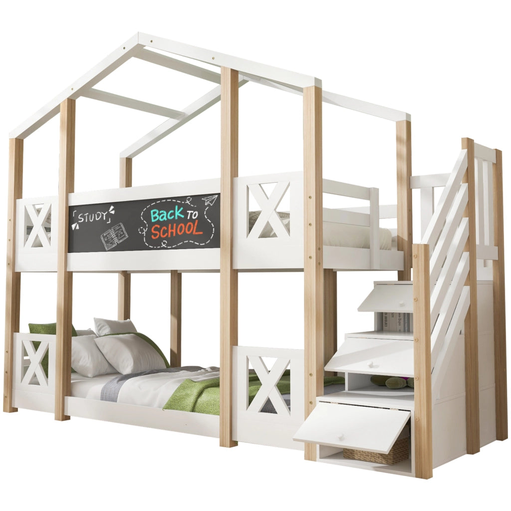 Letto a Castello 90×200 cm; Letto Singolo con Scala Contenitore; Lavagna e Sponde; senza Materasso