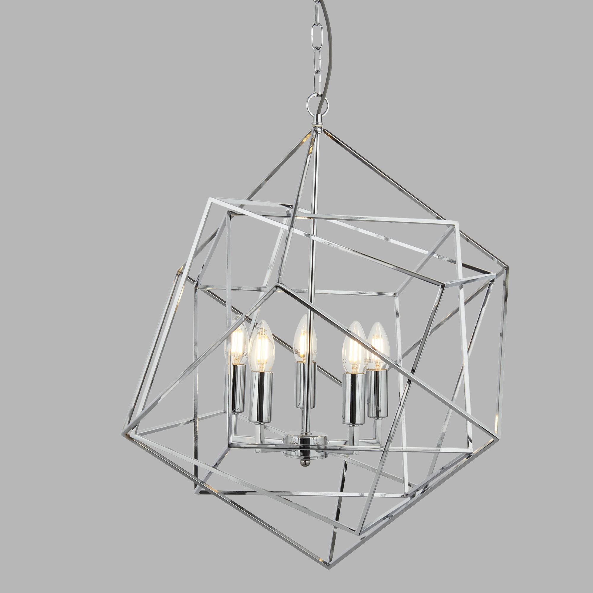 Lampadario Contemporaneo Cubo Acciaio Cromo 5 Luci E14