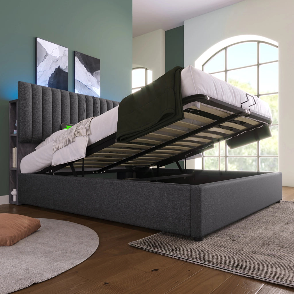 LETTO Contenitore 140x200 cm Grigio in Lino con LED, USB e Type C