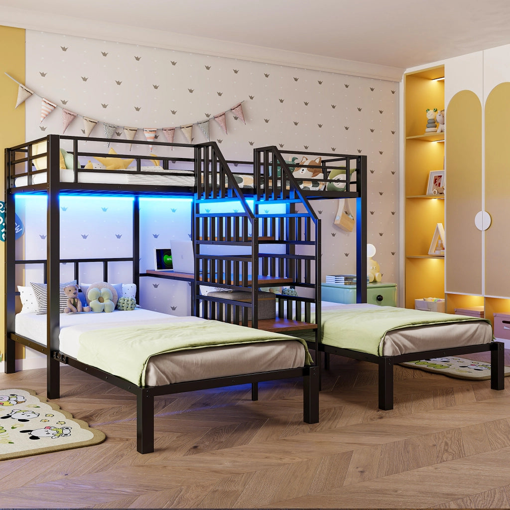 Letto a castello 90x200 cm con LED; scrivania; ripiani e prese USB; metallo e MDF; nero