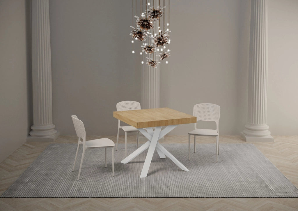 Tavolo Allungabile 90-194x90x76 cm Clerk Quercia Natura Gambe Bianche