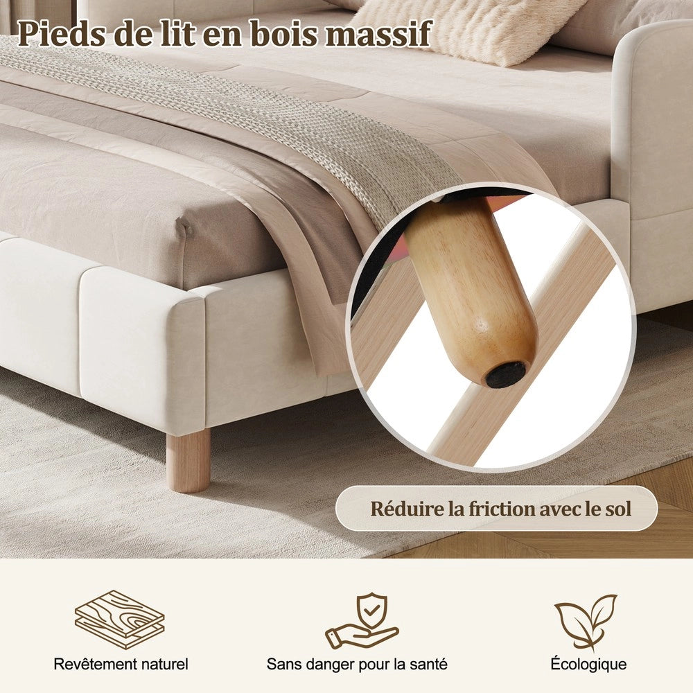 Letto imbottito per bambini 140x190 cm - Zephmum - Testiera e sponde imbottite, velluto, beige