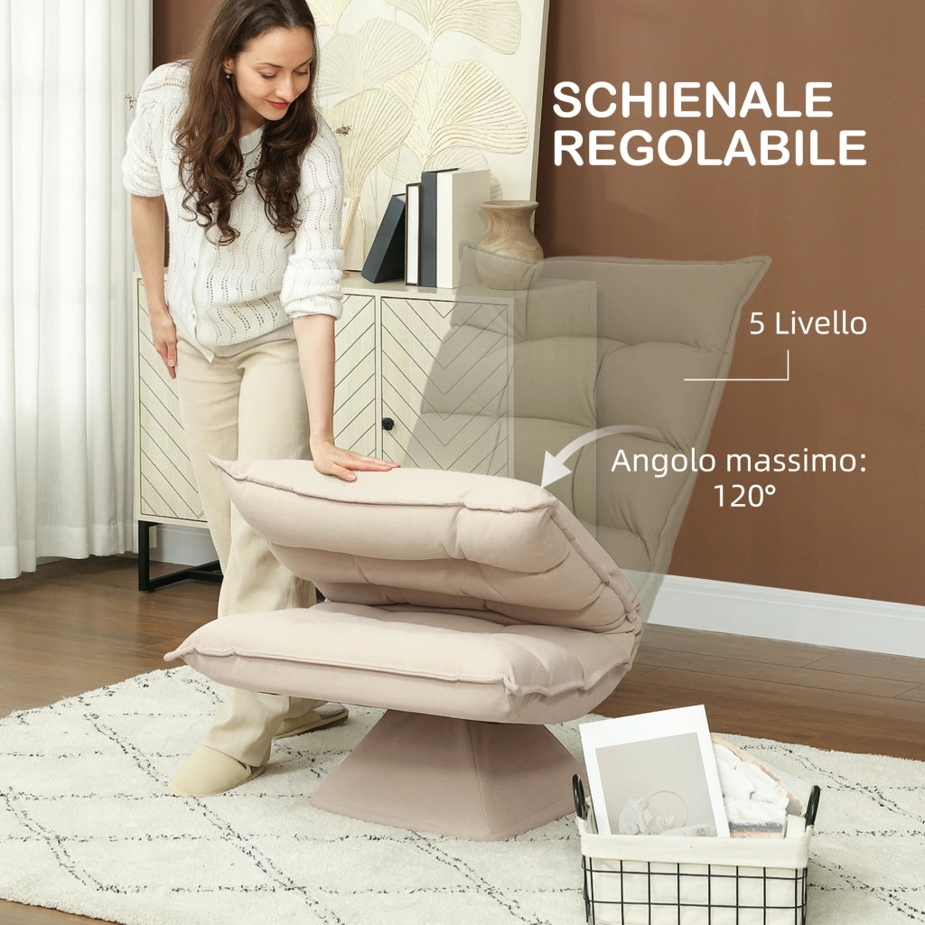 Poltrona Relax Girevole 360¡ã con Schienale Regolabile in 5 Posizioni in Tessuto Effetto lino. Beige